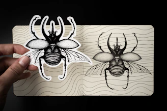 An intricate drawing of a beetle with fine lines and natural textures, evoking a child-friendly vibe.