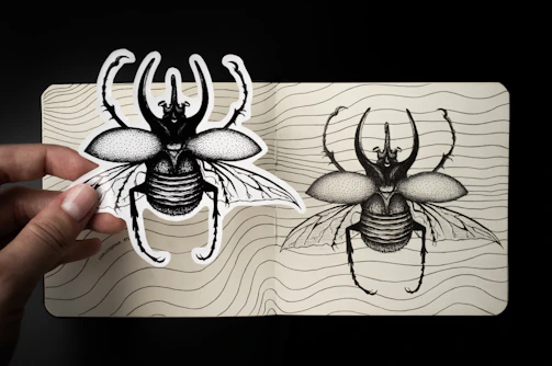 An intricate drawing of a beetle with fine lines and natural textures, evoking a child-friendly vibe.