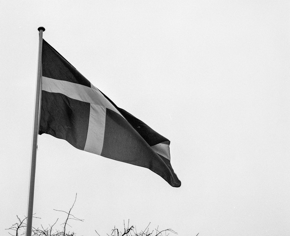 grayscale photo of flag on pole