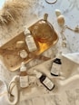 white and black labeled bottles