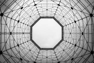 A geometric view is looking up into a steel structure with an octagonal shape. The structure consists of intersecting lines and beams, creating a symmetrical pattern. The background is a light gray, contrasting with the dark lines, highlighting the intricate architectural design.
