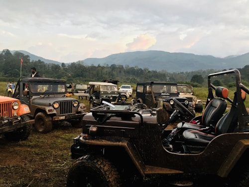 A group of off-road vehicles is parked on a grassy field, surrounded by a backdrop of mountains and a cloudy sky. The vehicles are muddy, indicating use on rugged terrain, and are positioned at various angles. A few people are visible near the vehicles.