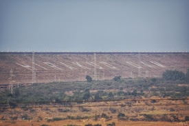 A large dam structure is visible in the background of the landscape, with neatly aligned trees and vegetation in the foreground. Several electricity pylons are distributed across the scene. The dam has a series of white markings or lettering across its surface, and small lights line the top edge.