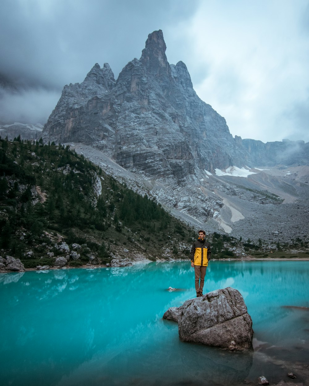 man in yellow jacket standing on rock near lake during daytime