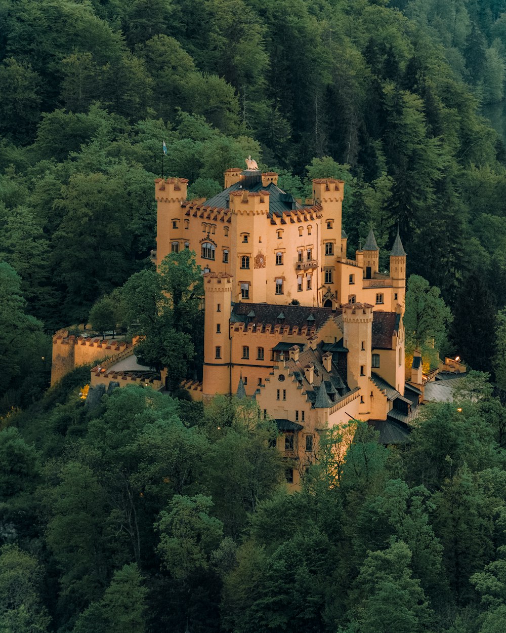 Château en béton brun entouré d’arbres verts pendant la journée