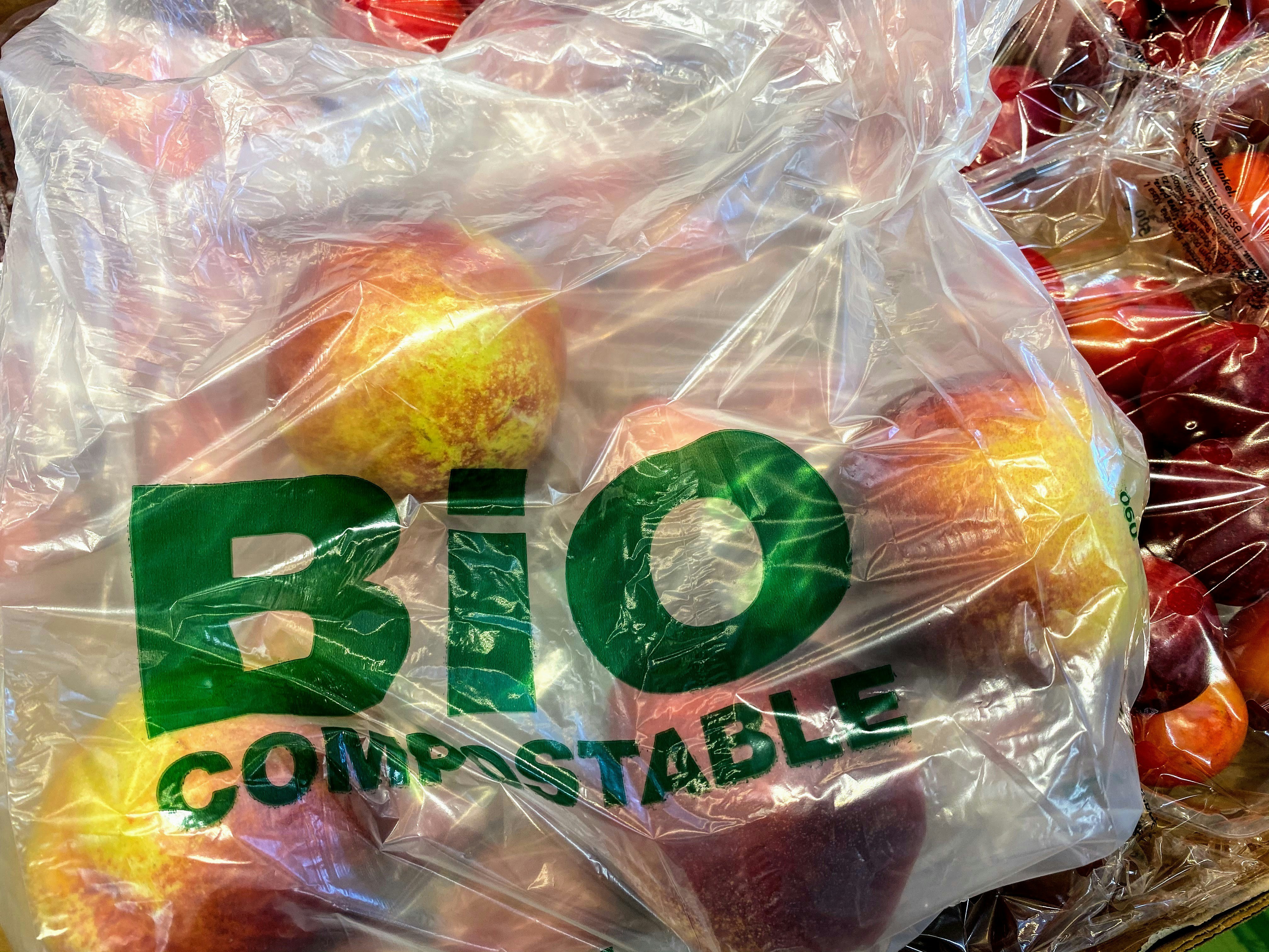 A bio compostable bag for loose fruit and vegetables is offered by a supermarket in Spain.
