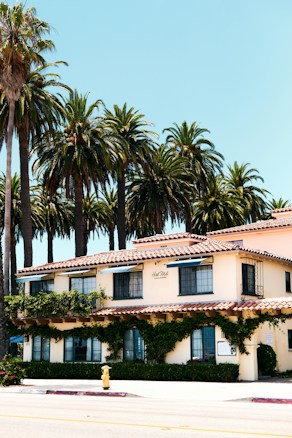 A charming, sunlit building with a Spanish architectural style, featuring a terra cotta roof and abundant greenery. Tall palm trees provide a tropical backdrop, creating a sunny and welcoming atmosphere. A fire hydrant is visible on the sidewalk, positioned next to a quiet street.