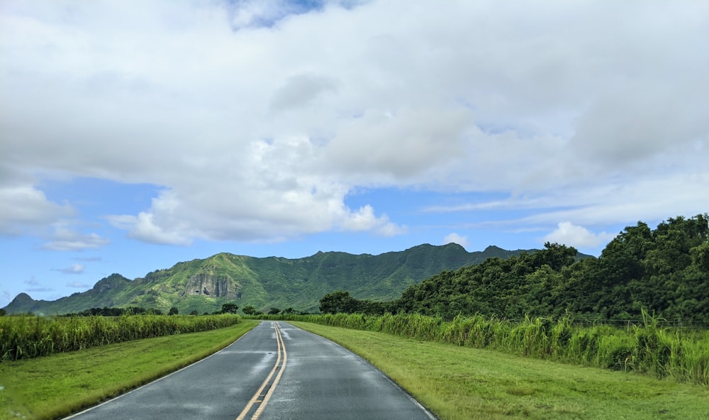 gray concrete road between green grass field under white cloudy sky during daytime