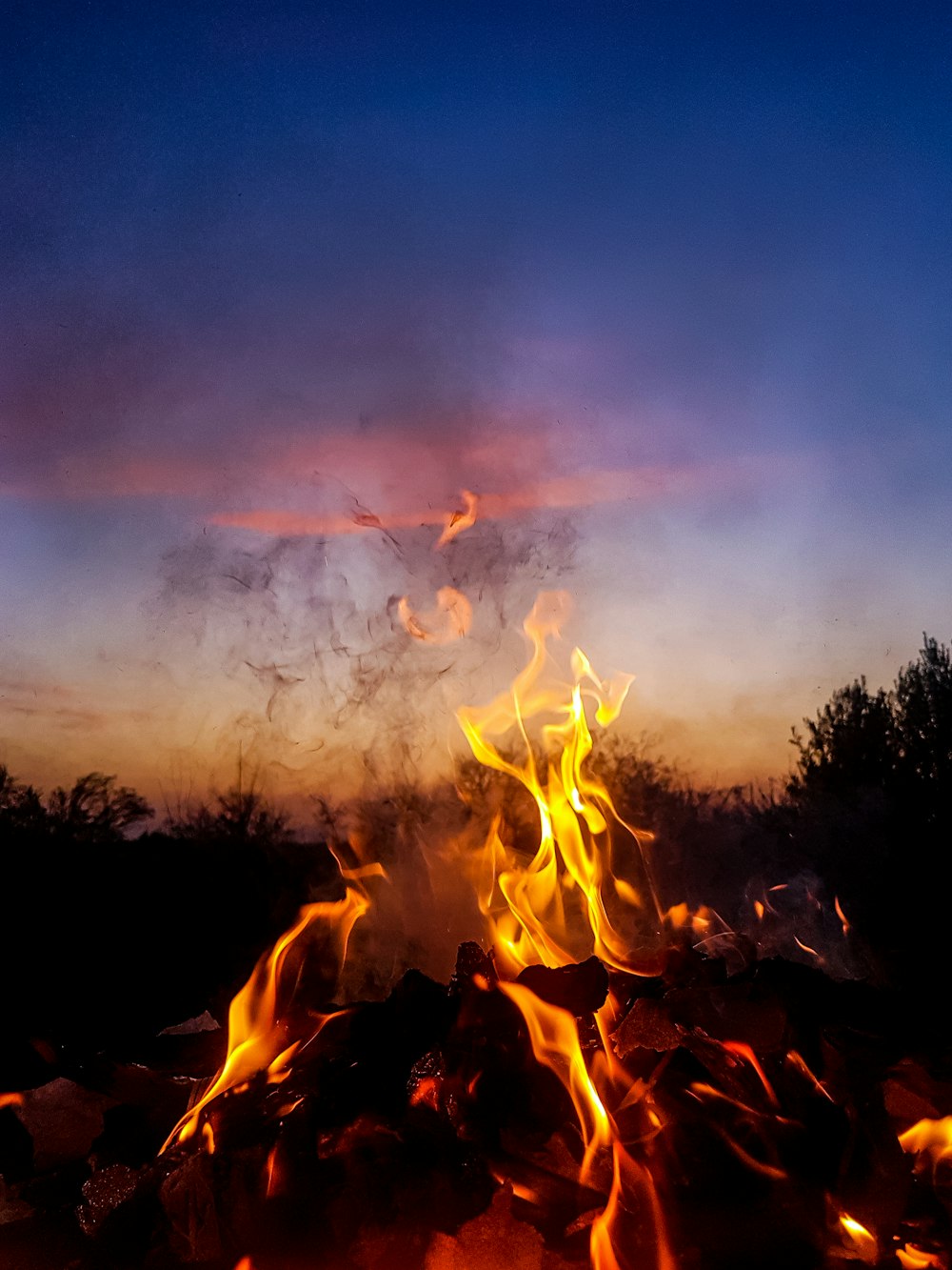 a campfire with bright yellow and orange flames