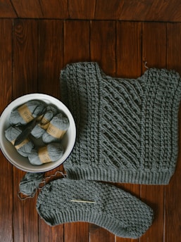 A knitted garment with intricate patterns lies on a wooden surface. Beside it, a white bowl contains several skeins of gray yarn, one of which is partially unwound. A knitting needle rests on the edge of the garment, indicating an ongoing knitting project.
