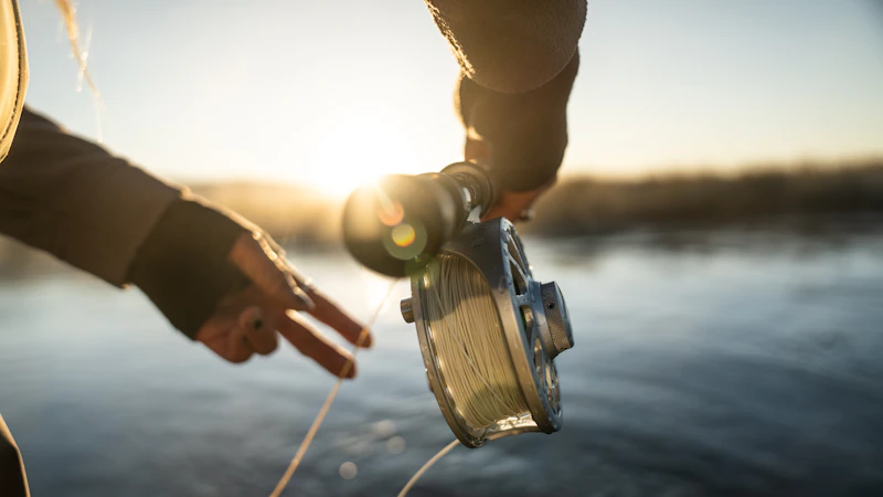 Fly reel and line over a tailwater run at golden hour