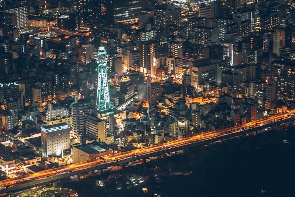 aerial view of city buildings during night time