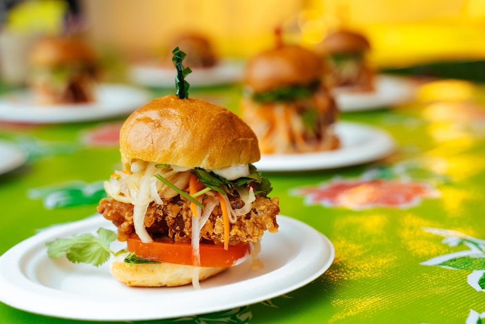 burger sur assiette blanche et verte