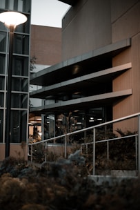 Architectural detail of modern commercial building entrance.