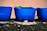 Three blue plastic containers, likely repurposed as plant pots, sit on a rough, textured surface. Sparse green plants or seedlings are emerging from the soil in the middle pot. The background consists of a muted pink wall.