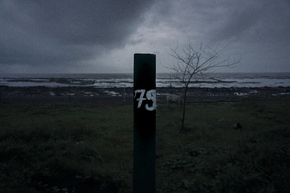 black wooden post under gray clouds