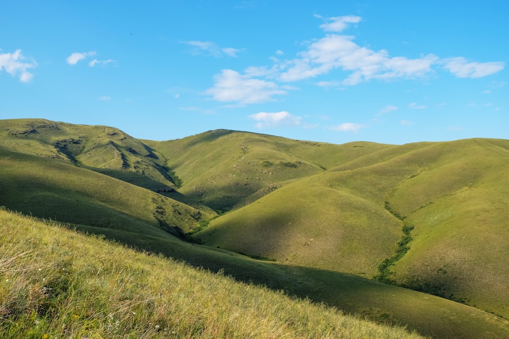 a grassy hill with a blue sky in the background