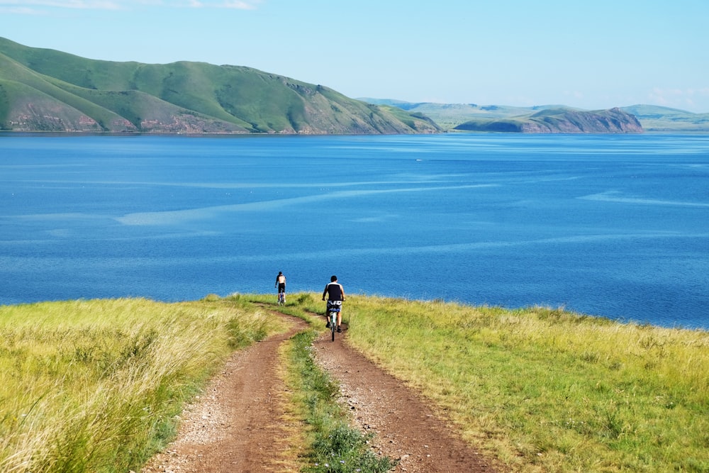 2 people walking on pathway near body of water during daytime