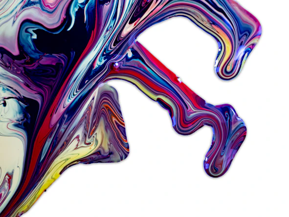 Vivid, swirling patterns of paint in shades of blue, pink, red, yellow, and purple create an abstract, fluid design on a white background. The flowing lines and curves resemble the dynamic movement of liquid.