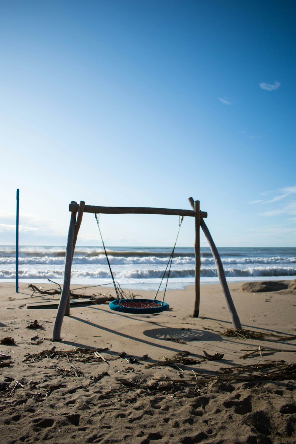 blue and white swing on beach during daytime
