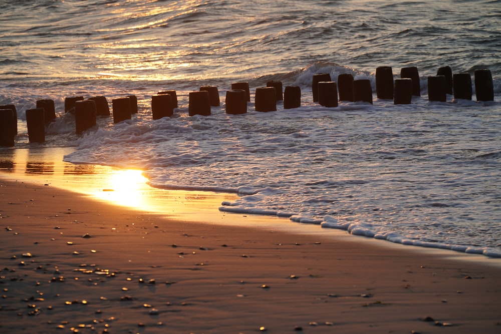 brown wooden dock on beach during sunset