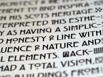 Close-up image of text with a unique, artistic typeface on a light background, featuring bold, geometric characters.