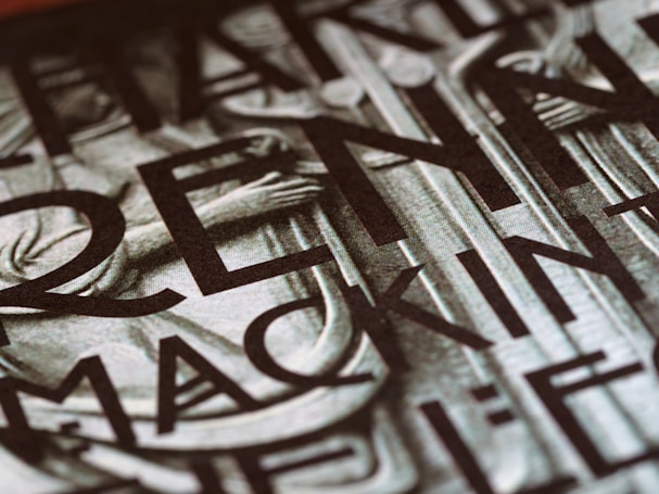 A close-up view of a section of a stone or metal engraving featuring large, bold letters intertwined with classical architectural elements. The surface appears textured, adding depth and contrast.