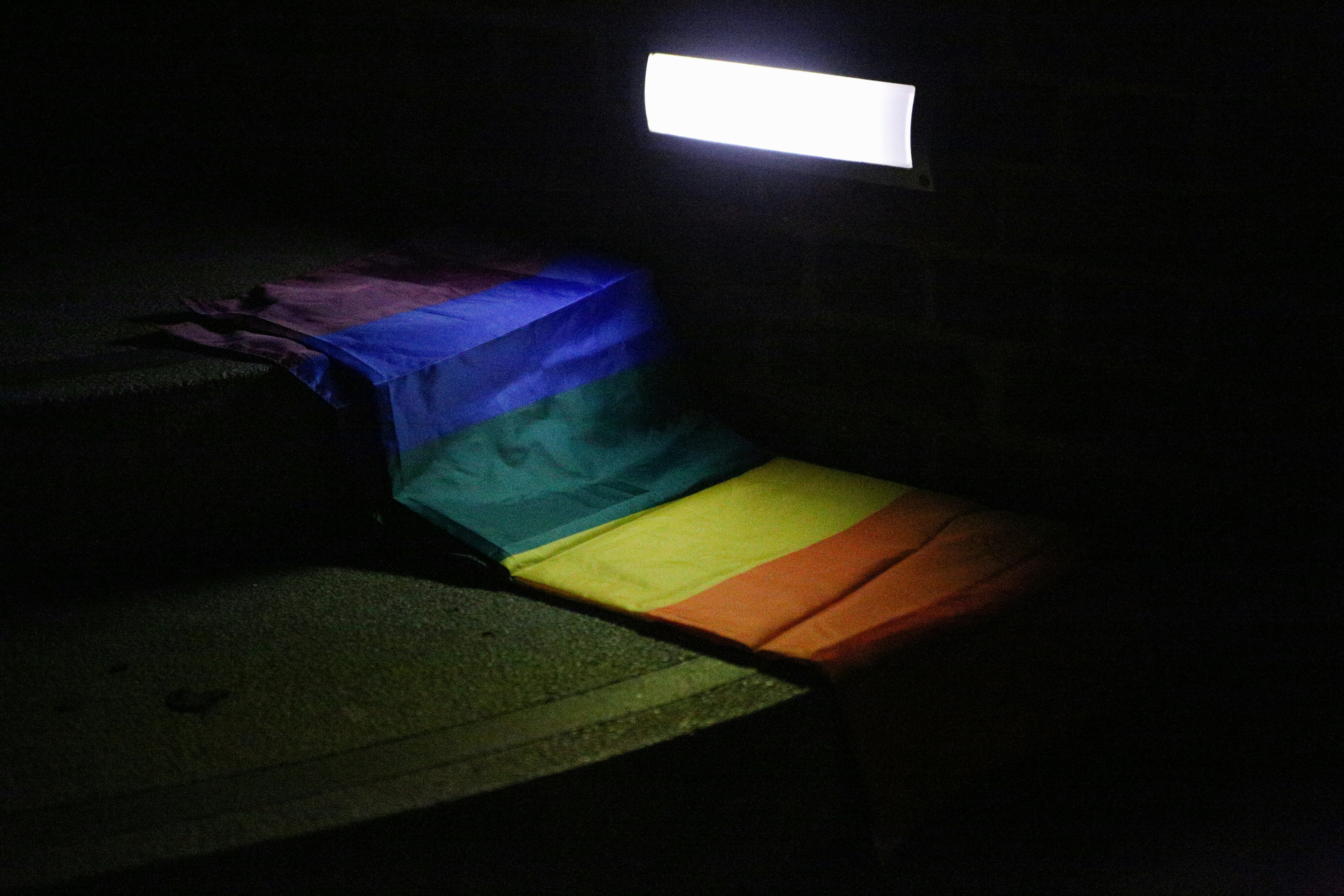 Colorful nursery textile with purple, green and blue