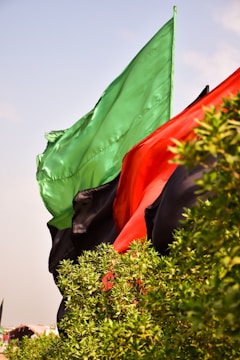 Vibrant green and yellow campaign flags waving in the wind at a political rally.