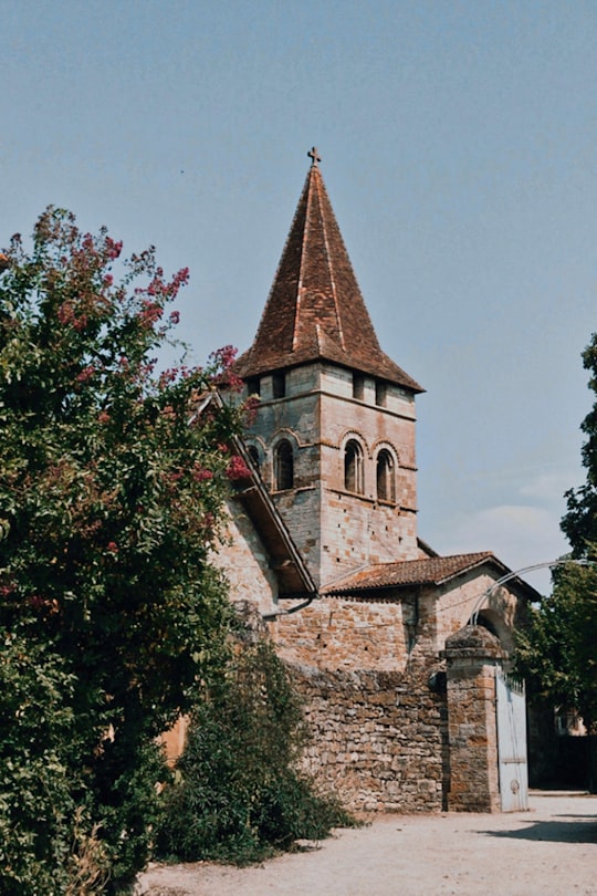 brown concrete building with red flowers in Loubressac France