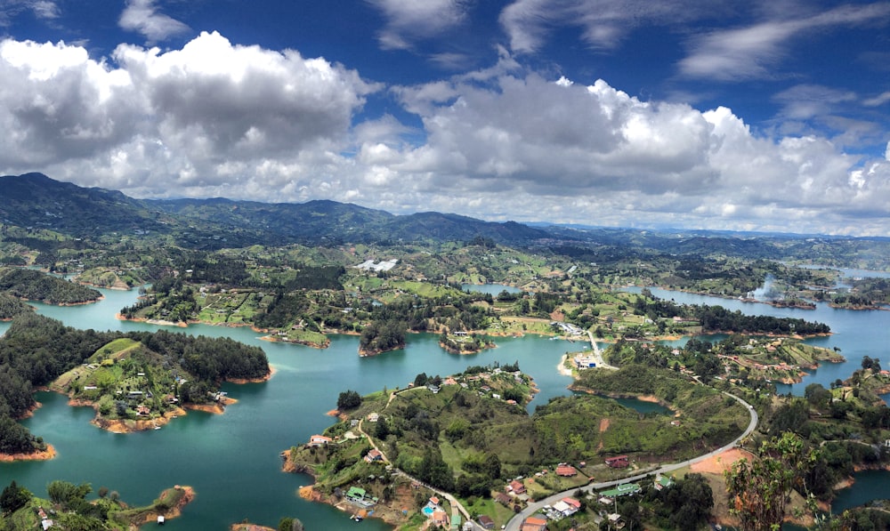 aerial view of city near lake under cloudy sky during daytime