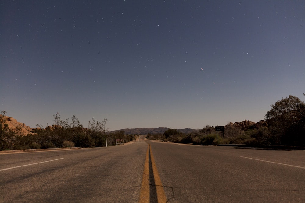 gray asphalt road between green trees under blue sky during daytime