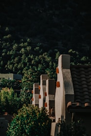 A row of adobe-style houses with flat roofs and tan walls stands alongside a lush forested hillside. The architecture features decorative orange elements protruding from each building. In the background, dense green foliage covers the hillside, creating a contrast with the structured lines of the buildings.