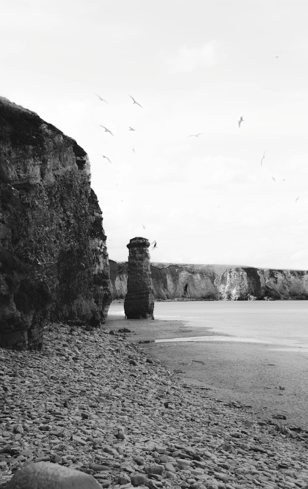 grayscale photo of rock formation near body of water