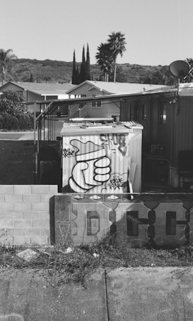A black and white image showing a trailer or small building with graffiti art on it, surrounded by a low brick wall. The foreground has patches of grass and litter. Palm trees and other residential houses are visible in the background against a clear sky.