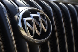 Close-up of a car grille featuring a prominent chrome emblem with a stylized shield design. The grille has vertical slats and a reflective finish, showing subtle reflections of the surroundings.