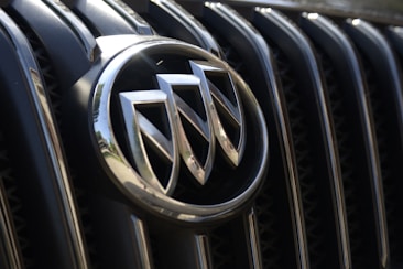 Close-up of a car grille featuring a prominent chrome emblem with a stylized shield design. The grille has vertical slats and a reflective finish, showing subtle reflections of the surroundings.