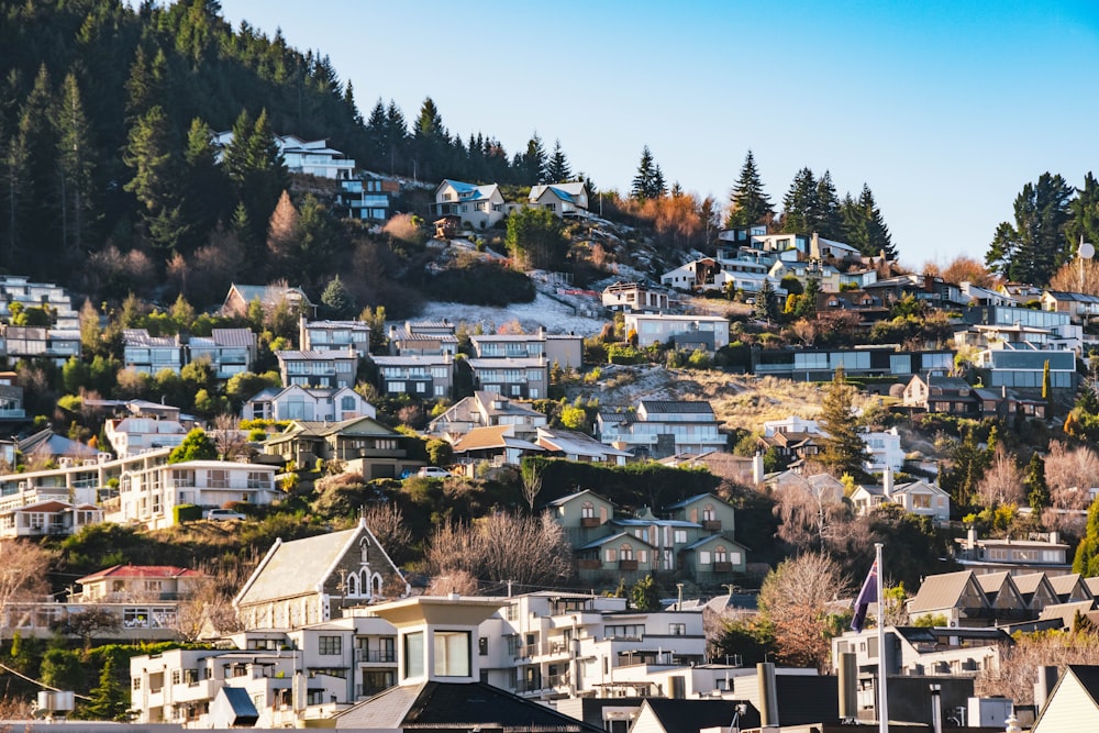 white and brown houses near green trees under blue sky during daytime