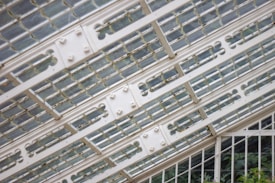 A close-up view of an angled glass and metal structure, featuring translucent panels held together by a grid of white metal beams. The panels are neatly aligned with visible screws and bolts, while the background shows a hint of greenery.