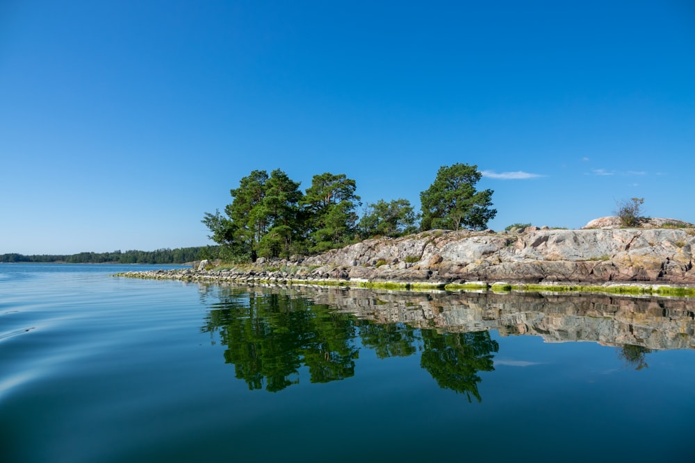 green trees on island surrounded by water under blue sky during daytime