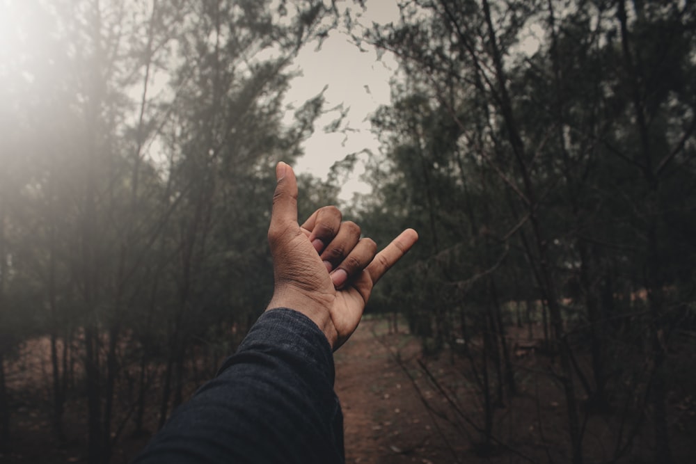 person in black long sleeve shirt raising right hand