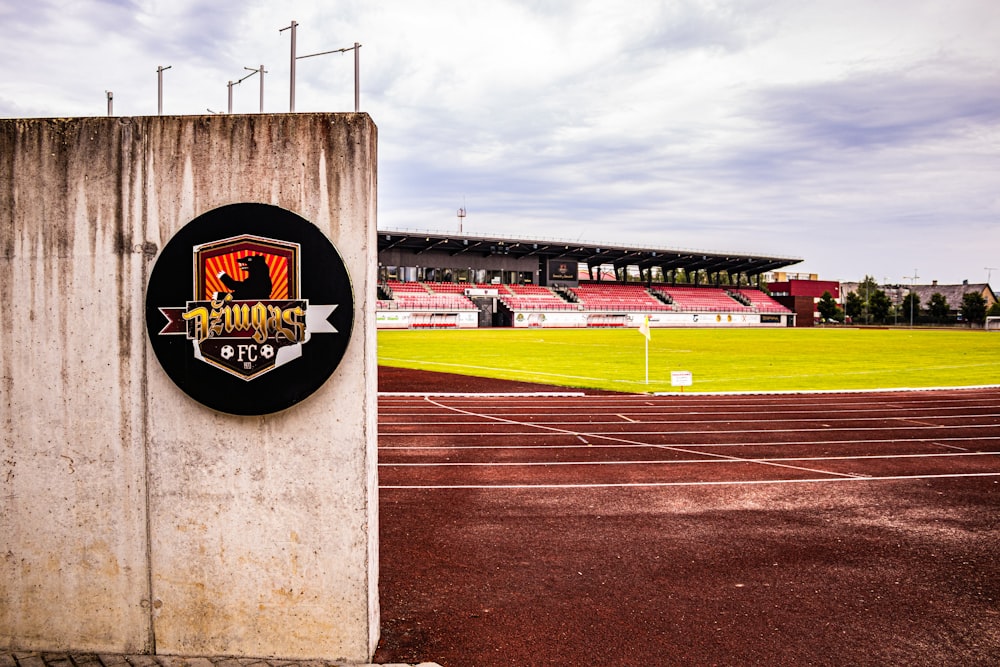 a stadium with a sign on the side of it