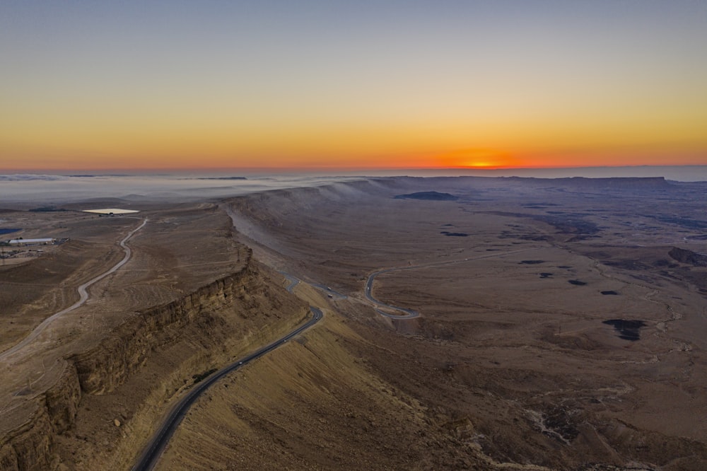 aerial view of road during sunset