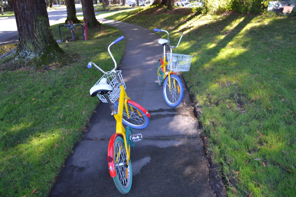 Kids riding bright, sturdy bikes in a sunny park setting.