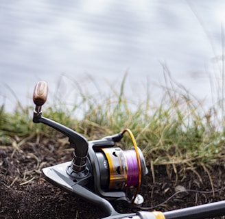 black and silver fishing reel on brown soil