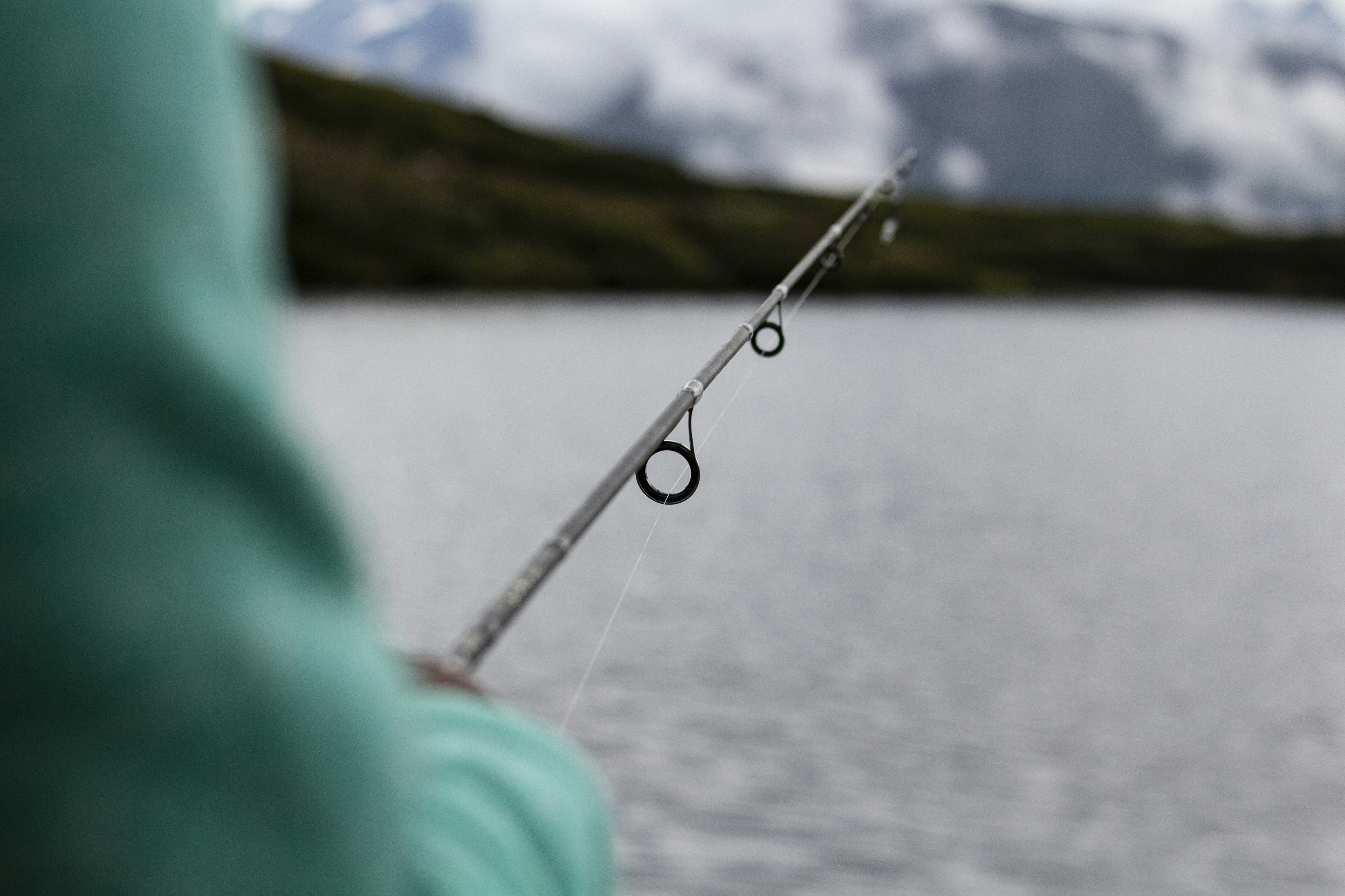 The arm of a green jacketed person holding a fishing rod over water with hills and sky in background.