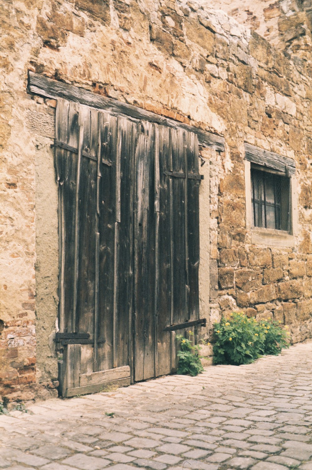 茶色のレンガの壁に茶色の木製のドア
