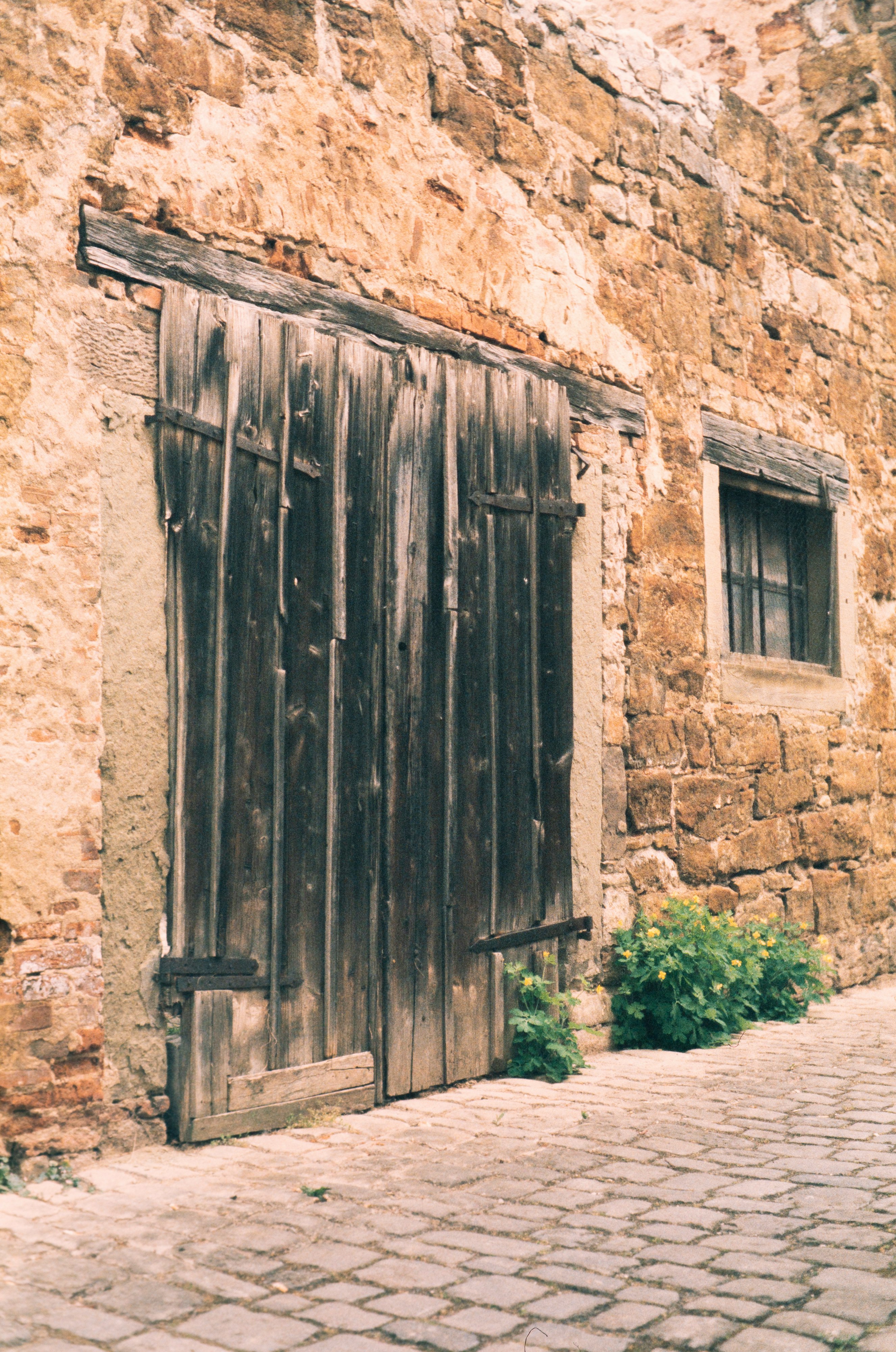 brown wooden door on brown brick wall