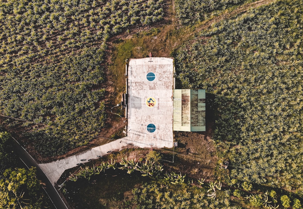 aerial view of white and brown building