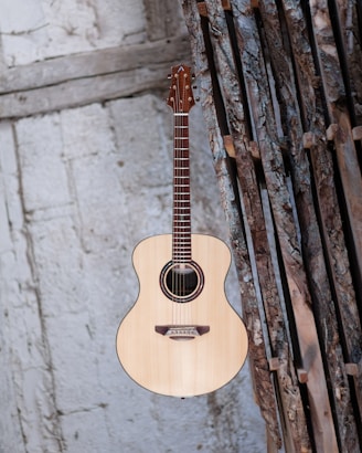 Close-up of a classic acoustic guitar resting against a wooden wall.